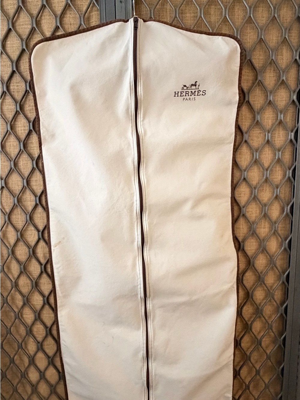 Vintage Hermès Paris Canvas Garment Bag Dust Cover Brown Trim Zippered Storage